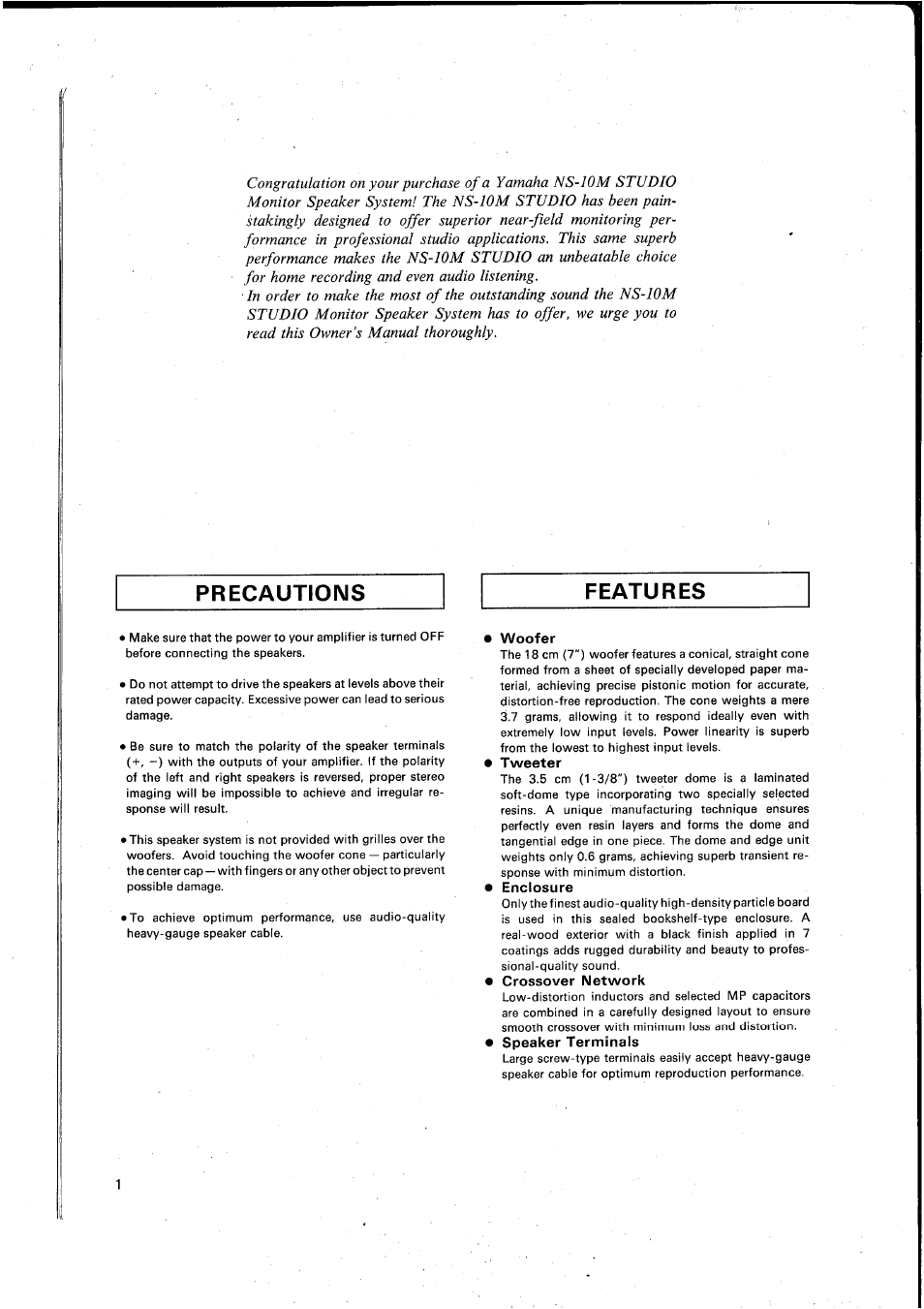 Precautions features | Yamaha NS-10M STUDIO User Manual | Page 2 / 14