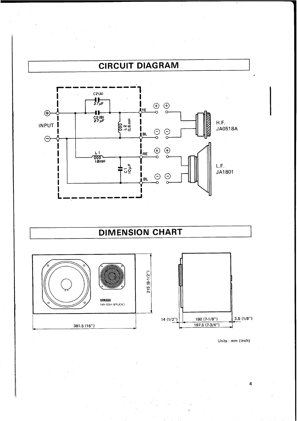 Circuit diagram, Dimension chart | Yamaha NS-10M STUDIO User Manual | Page 5 / 14