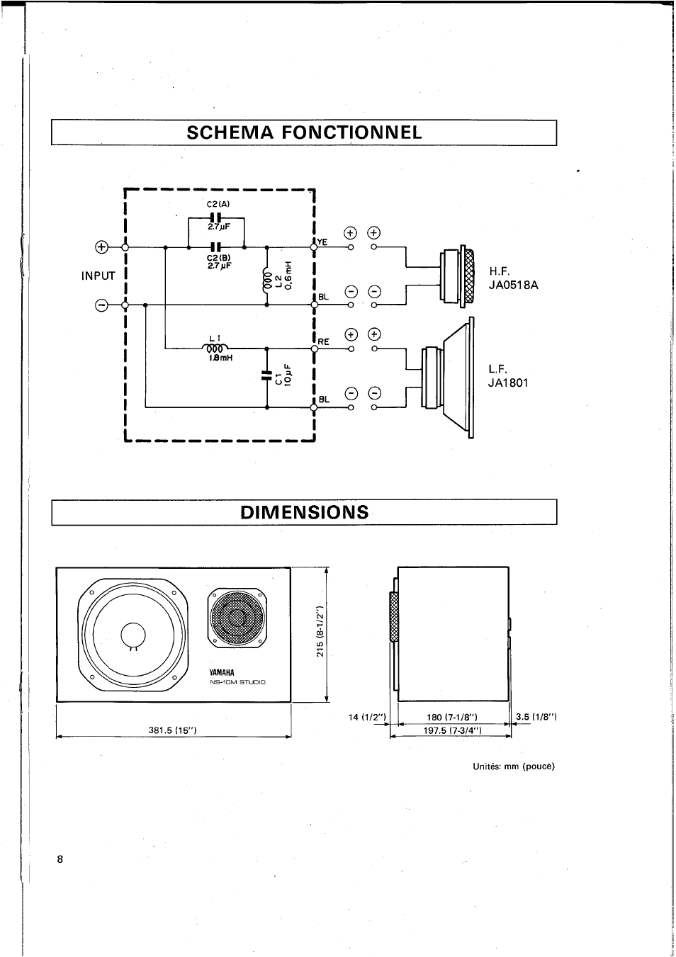 Schema fonctionnel, Dimensions | Yamaha NS-10M STUDIO User Manual | Page 9 / 14