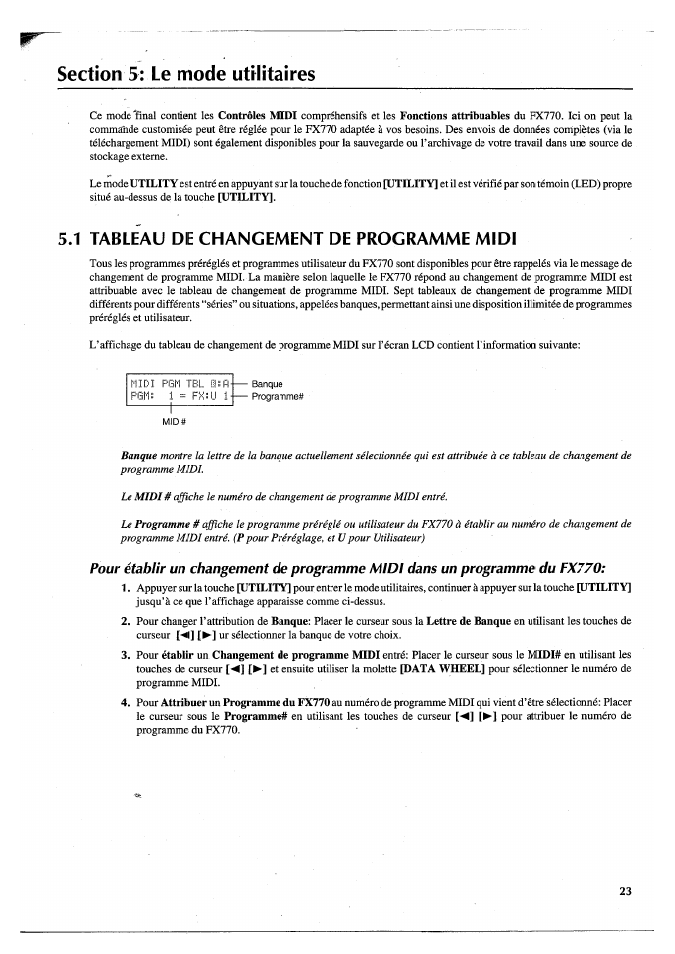 Section 5: le mode utilitaires, 1 tableau de changement de programme midi | Yamaha FX770 User Manual | Page 102 / 231