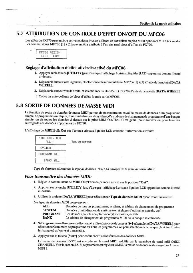 7 attrrbution de controle d'effet on/off du mfc06, 8 sortie de donnees de masse midi, Pour transmettre des données midi | Attrrbution de controle d'effet on/off du mfc06 | Yamaha FX770 User Manual | Page 106 / 231