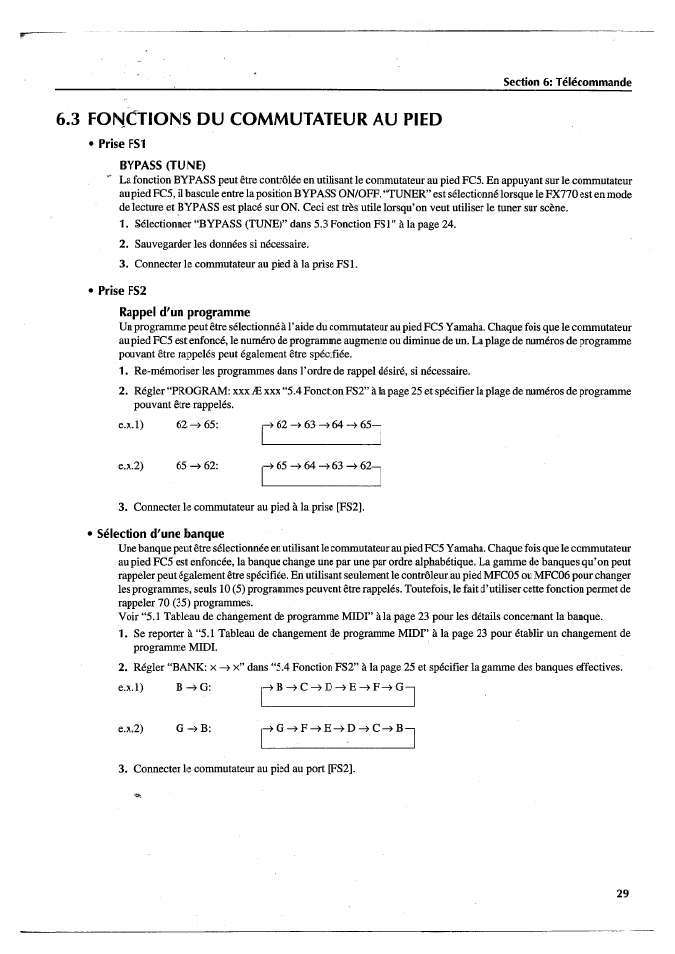 3 fonctions du commutateur au pied, Prise fs1, Bypass (tune) | Prise fs2, Rappel d'un programme, Sélection d'une banque | Yamaha FX770 User Manual | Page 108 / 231