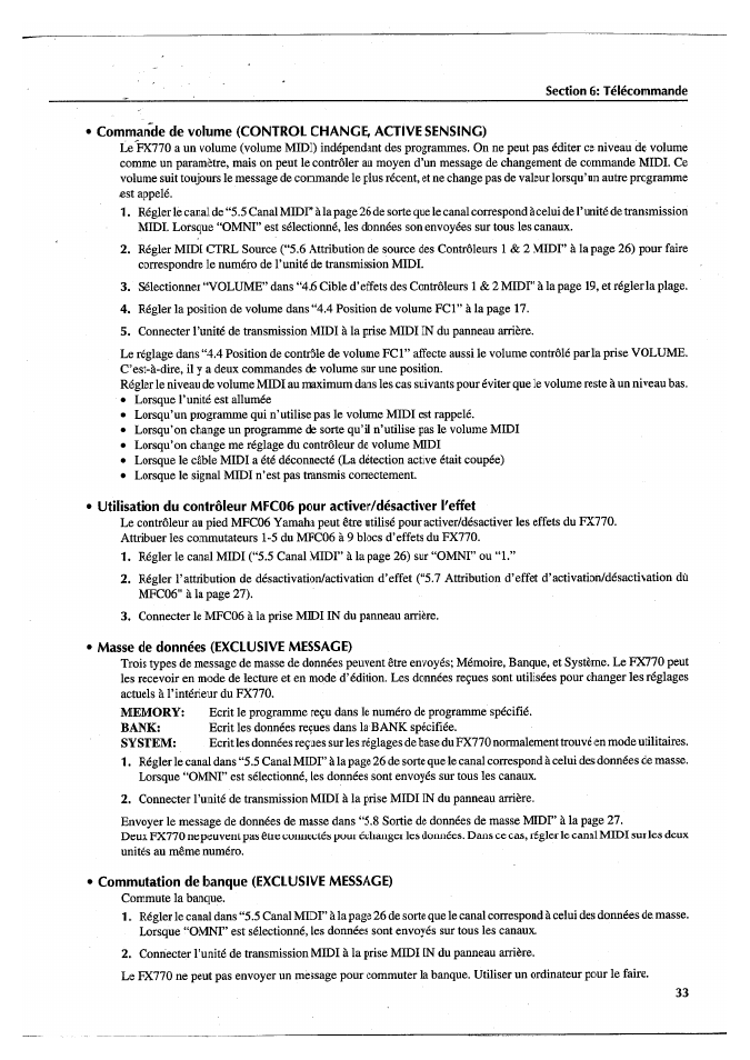 Masse de données (exclusive message), Commutation de banque (exclusive message) | Yamaha FX770 User Manual | Page 112 / 231