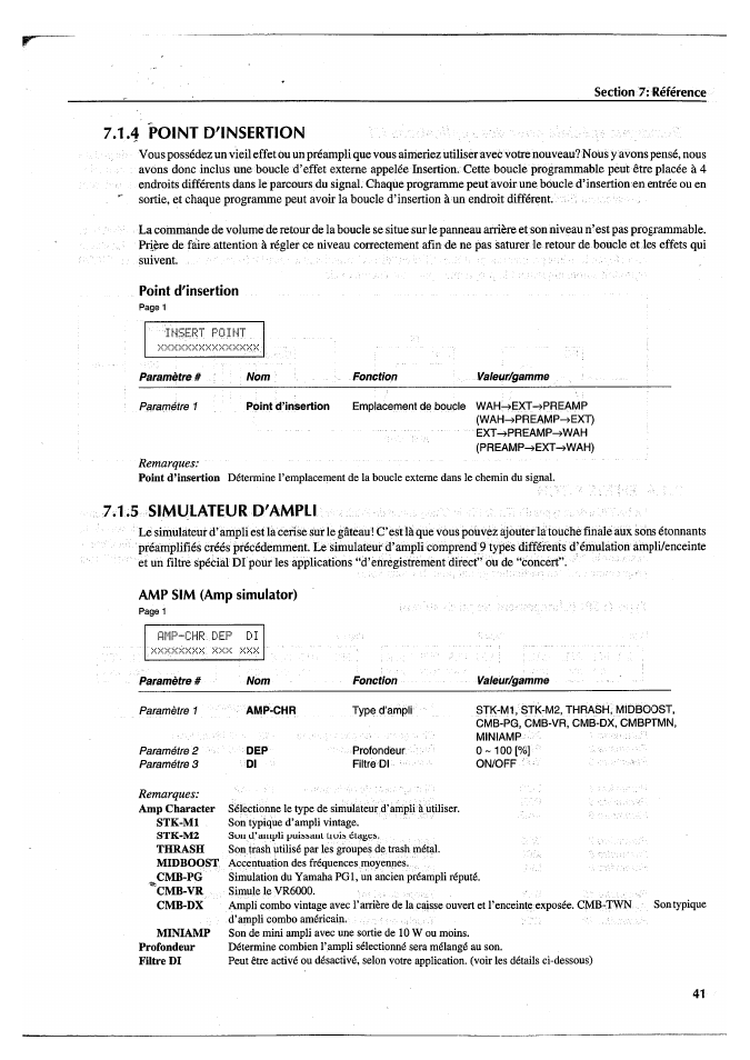 4 point d'insertion, Point d'insertion, 5 simulateur d'ampli | Amp sim (amp simulator), 4 point d’insertion 7.1.5 simulateur d’ampli | Yamaha FX770 User Manual | Page 120 / 231