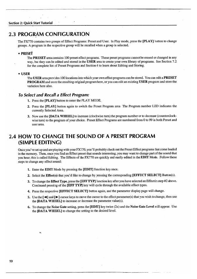 3 program configuration, Presef, User | To select and recall a effect program | Yamaha FX770 User Manual | Page 13 / 231