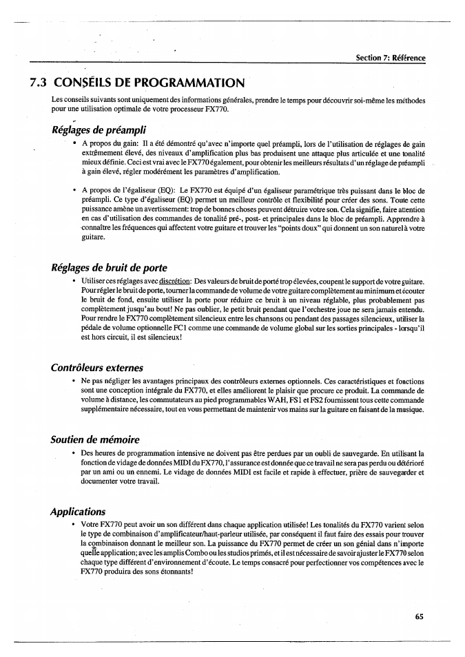 3 conseils de programmation, Réglages de préampli, Réglages de bruit de porte | Contrôleurs externes, Soutien de mémoire, Applications | Yamaha FX770 User Manual | Page 144 / 231