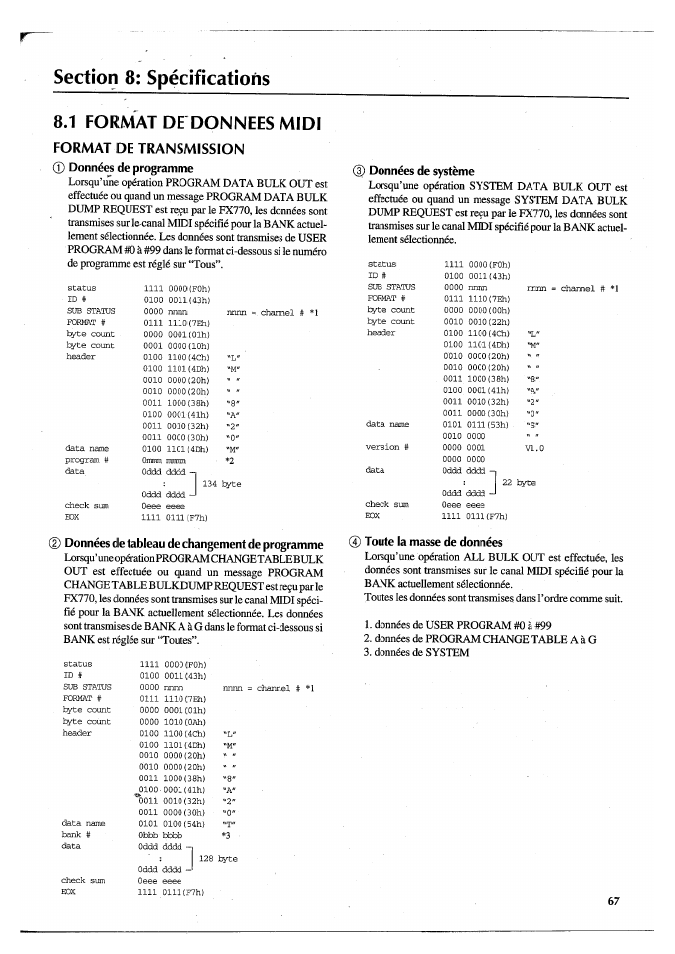 Section 8: spécíficatiohs, 1 format de donnees midi, Format de transmission | Données de programme, Données de tableau de changement de programme, Données de système, Toute la masse de données | Yamaha FX770 User Manual | Page 146 / 231