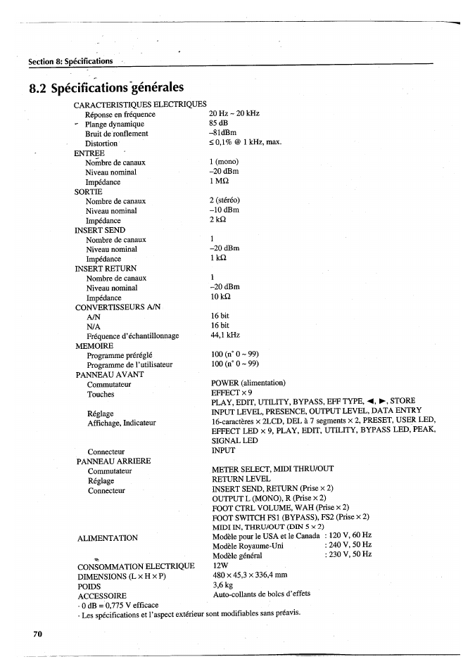 2 spécifications générales | Yamaha FX770 User Manual | Page 149 / 231