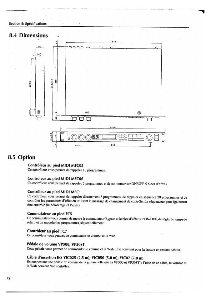 4 dimensians, 5 option, Contrôleur au pied midi mfc05 | Contrôleur au pied midi mfc06, Contrôleur au pied midi mfc1, Commutateur au pied fc5, Contrôleur au pied fc7, Pédale de volume vp500, vp50st, 4 dimensions 8.5 option, 4 dimensians 8.5 option | Yamaha FX770 User Manual | Page 151 / 231