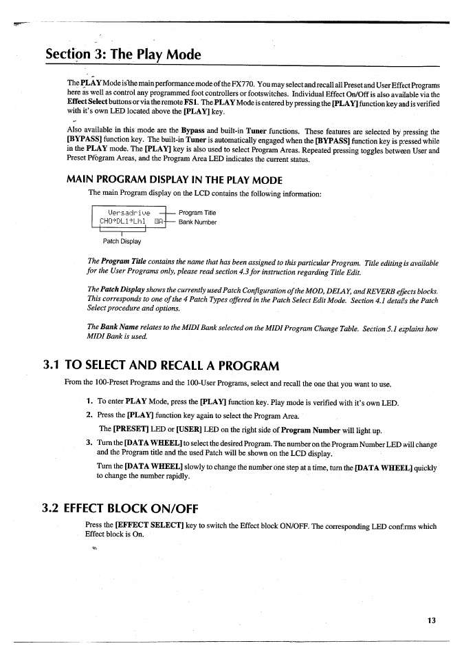 Section 3: the play mode, Main program display in the play mode, 1 to select and recall a program | 2 effect block on/off | Yamaha FX770 User Manual | Page 16 / 231