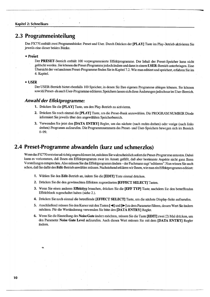3 prografnmeinteilung, Preset, User | Anwahl der effektprogramme, 4 preset-programme abwandeln (kurz und schmerzlos), 3 programmeinteilung | Yamaha FX770 User Manual | Page 165 / 231