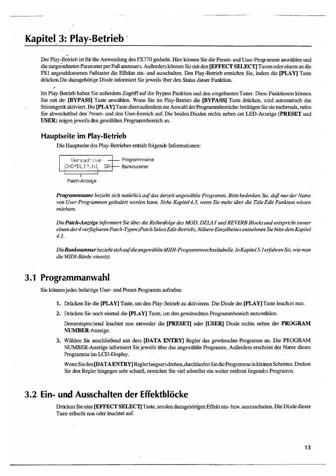 Kapitel 3: play-betrieb, Hauptseite im play-betrieb, 1 programmanwahl | 2 ein- unci ausschalten der effektblöcke | Yamaha FX770 User Manual | Page 168 / 231