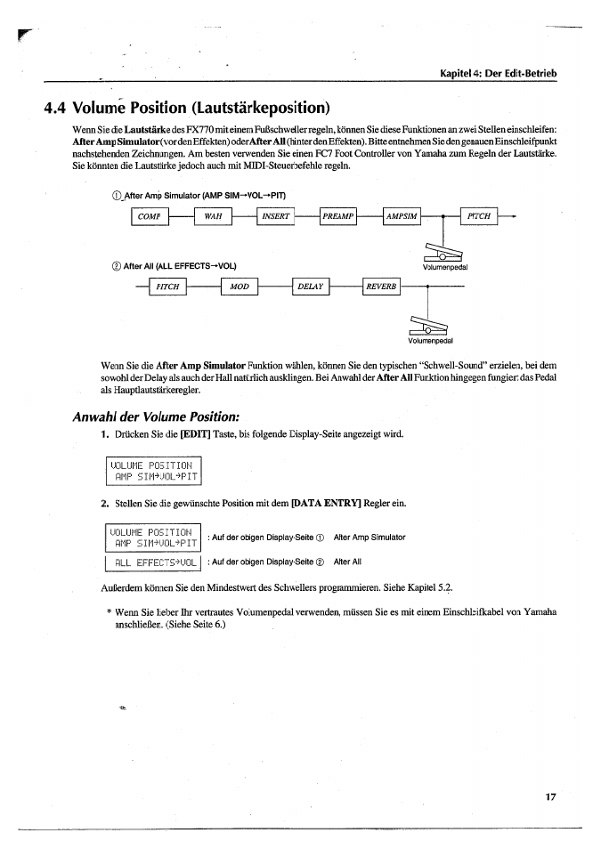 4 volume position (lautstärkeposition), An wahl der volume position | Yamaha FX770 User Manual | Page 172 / 231