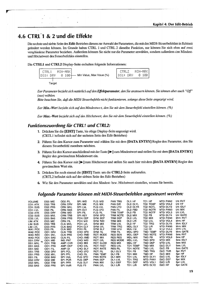 6 ctrl 1 & 2 tind die effekte, Funktionszuordnng für ctrll und ctrl2, 6 ctrl 1 & 2 und die effekte | Dsl: dru 0 100 | Yamaha FX770 User Manual | Page 174 / 231