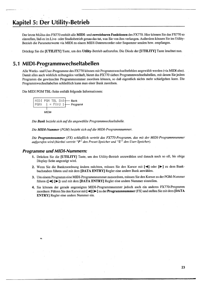 Kapitel 5: der utility-betrieb, 1 midi-programmwechseltabellen, Programme und mldl-nummern | 1 midi-programm wechseltabellen | Yamaha FX770 User Manual | Page 178 / 231