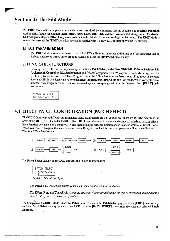 Section 4: the edit mode, Effect parameter edit, Setting other functions | 1 effect patch configuration (patch select), Effect parameter edit setting other functions | Yamaha FX770 User Manual | Page 18 / 231