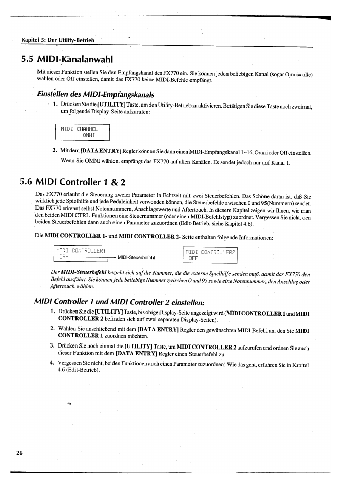 5 midi-känalarrwahl, Einstellen des midi-empfangskanals, 6 midi controller 1 & 2 | Midi controller 1 und midi controller 2 einstellen, 5 midi-kanalanwahl 5.6 midi controller 1 & 2 | Yamaha FX770 User Manual | Page 181 / 231