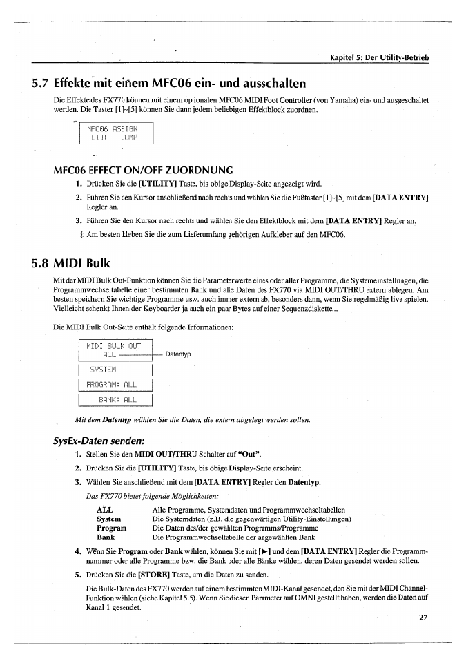 7 effekte mit einem mfc06 ein- und ausschalten, Mfc06 effect on/off zuordnung, 8 midi bulk | Sysex-daten senden, Mfc06 efl^ct on/off zuordnung | Yamaha FX770 User Manual | Page 182 / 231