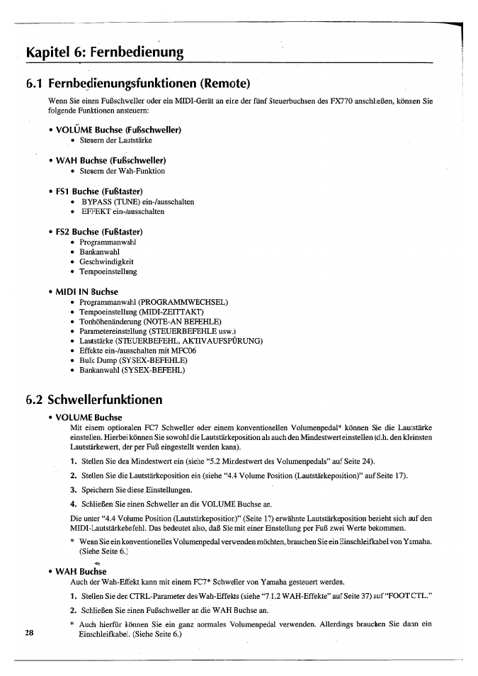 Kapitel 6: fernbedienung, 1 fernbedienungsfunktionen (remote), Volume buchse (fußschweller) | Wah buchse (fußschweller), Fs1 buchse (fußtaster), Fs2 buchse (fußtaster), Midi in buchse, 2 schwellerfunktionen, Volume buchse, Wah buchse | Yamaha FX770 User Manual | Page 183 / 231