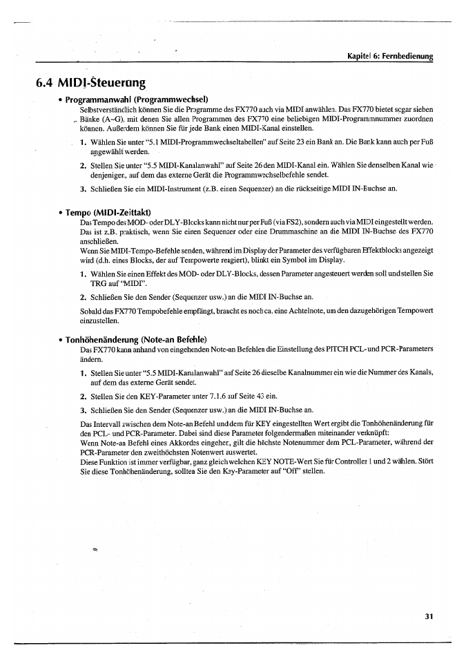 4 midl-steuerang, Programmanwahl (programmwechsel), Tempo (midi-zeittakt) | Tonhöhenänderung (note-an befehle), 4 midi-steuerung | Yamaha FX770 User Manual | Page 186 / 231