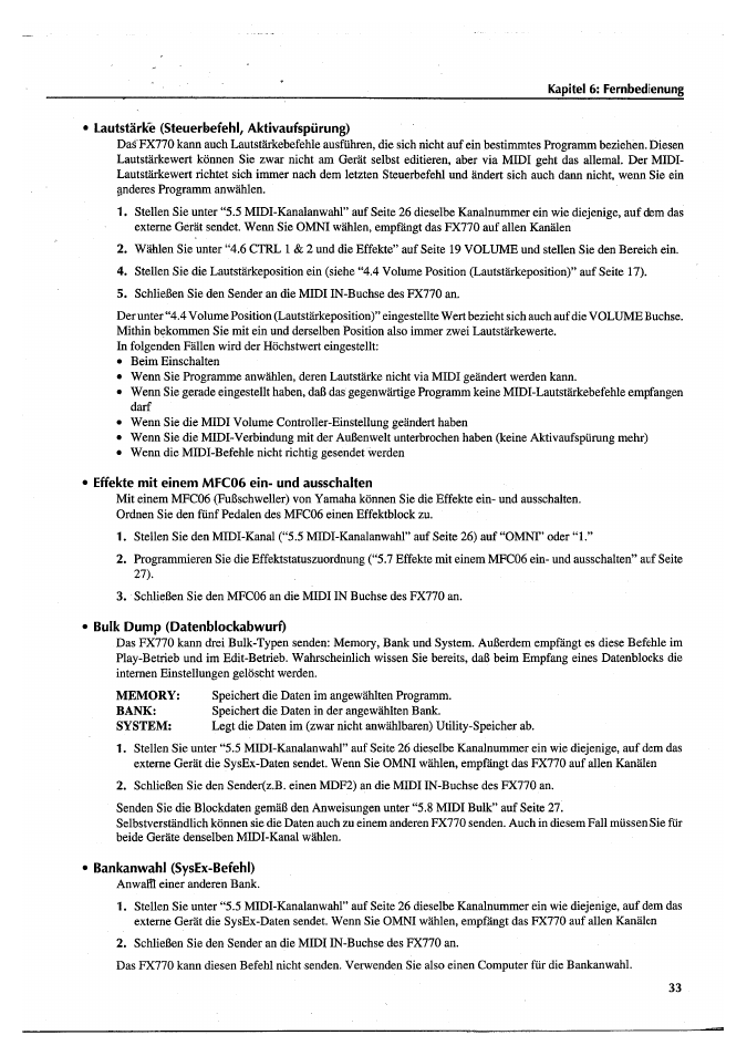 Lautstärke (steuerbefehl, aktivaufspürung), Effekte mit einem mfc06 ein- und ausschaiten, Bulk dump (datenblockabwurf) | Bankanwahl (sysex-befehl) | Yamaha FX770 User Manual | Page 188 / 231