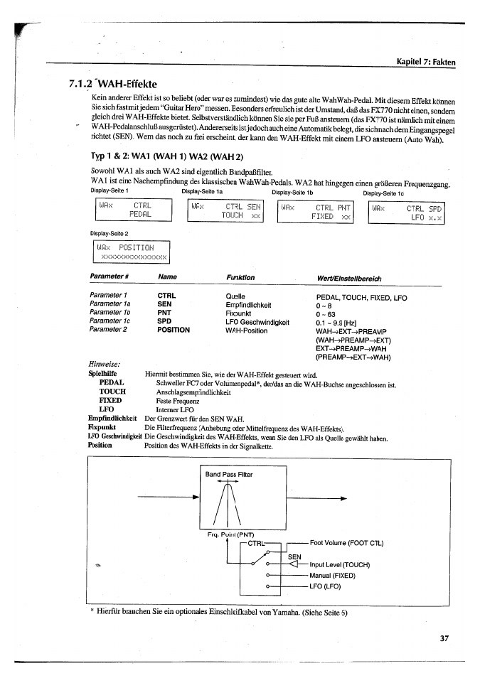 2 wah-effekle, Typ 1 & 2: wal (wah 1) wa2 (wah 2), 2 wah-effekte | Yamaha FX770 User Manual | Page 192 / 231