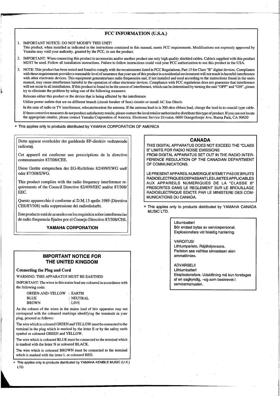 Important notice for the united kingdom, Canada | Yamaha FX770 User Manual | Page 2 / 231
