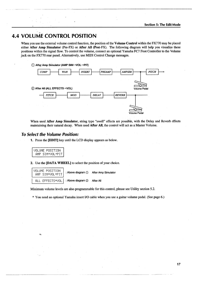 4 volume control position, To select the volume position | Yamaha FX770 User Manual | Page 20 / 231