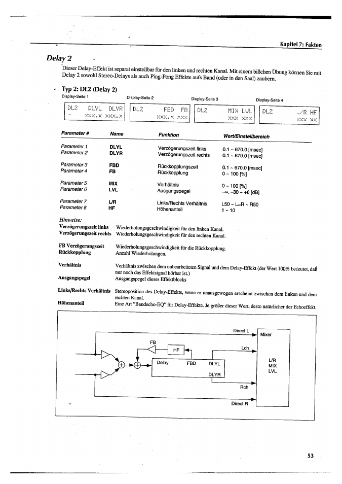 Typ 2: dl2 (delay 2), Delay, Dlz dlvl dlvr | Du;: ■bd dlz mik lul dlz hf | Yamaha FX770 User Manual | Page 208 / 231