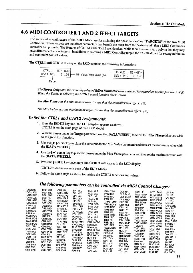 6 midi controller 1 and 2 effect targets, To set the ctrll and ctrl2 assignments | Yamaha FX770 User Manual | Page 22 / 231