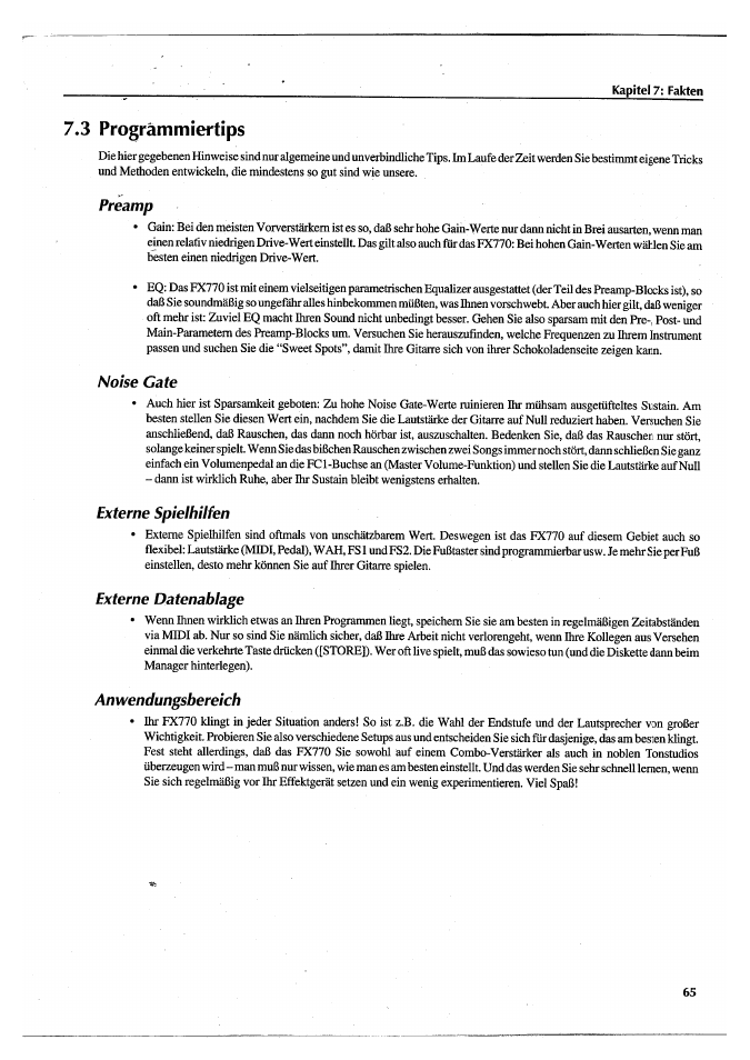 3 progrämmieftips, Preamp, Noise gate | Externe spielhilfen, Externe datenablage, Anwendungsbereich, 3 programmiertips | Yamaha FX770 User Manual | Page 220 / 231