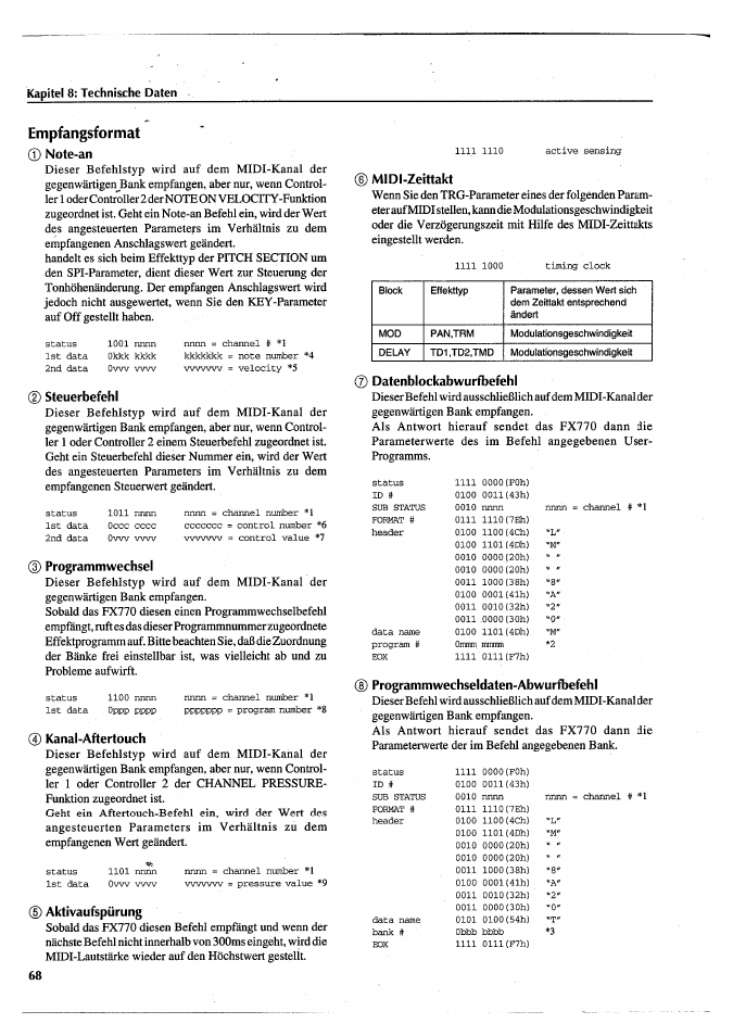 Empfangsformat, Note-an, D steuerbefehl | Programmwechsel, 0 kanal-aftertouch, 0 aktivaufspürung, Midi-zeittakt, Datenblockabwurfbefehl, Programmwechseldaten-abwurfbefehl | Yamaha FX770 User Manual | Page 223 / 231