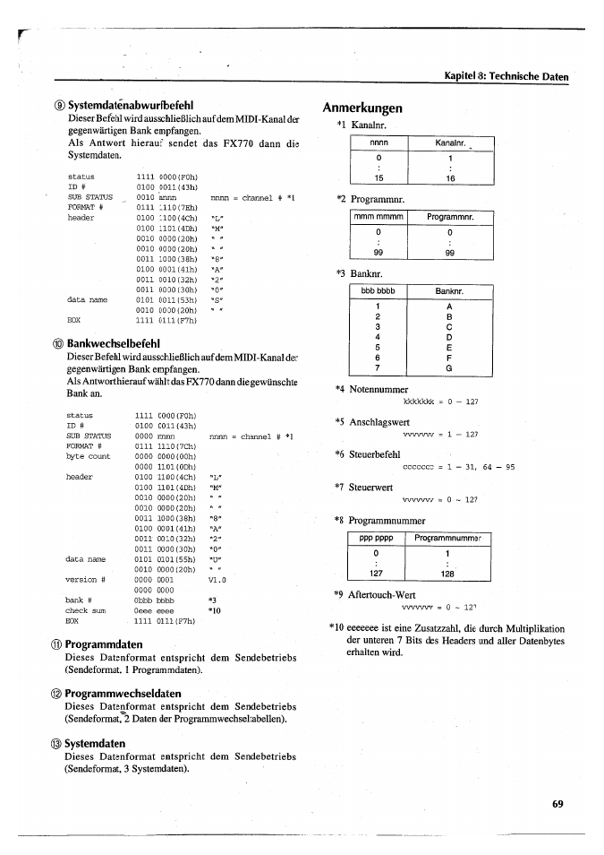9) systemdatenabwurfbefehl, Bankwechselbefehl, Jj) programmdaten | Programmwechseldaten, Systemdaten, Anmerkungen, Nnim = channel, 1 kanalnr, 2 programmnr, 3 banknr | Yamaha FX770 User Manual | Page 224 / 231