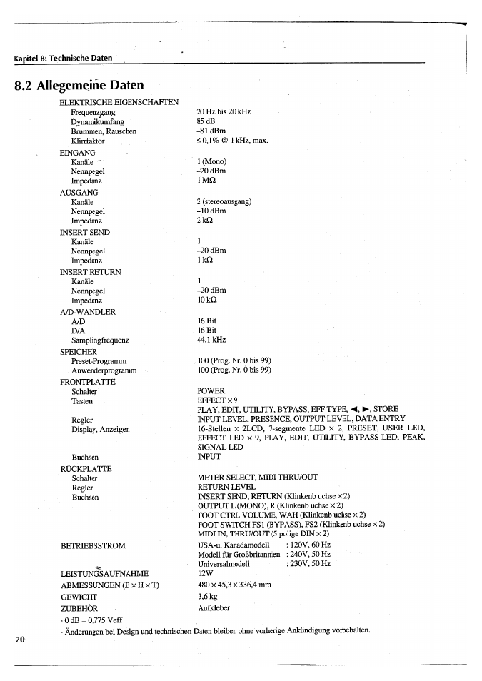 2 allegemelrie daten | Yamaha FX770 User Manual | Page 225 / 231