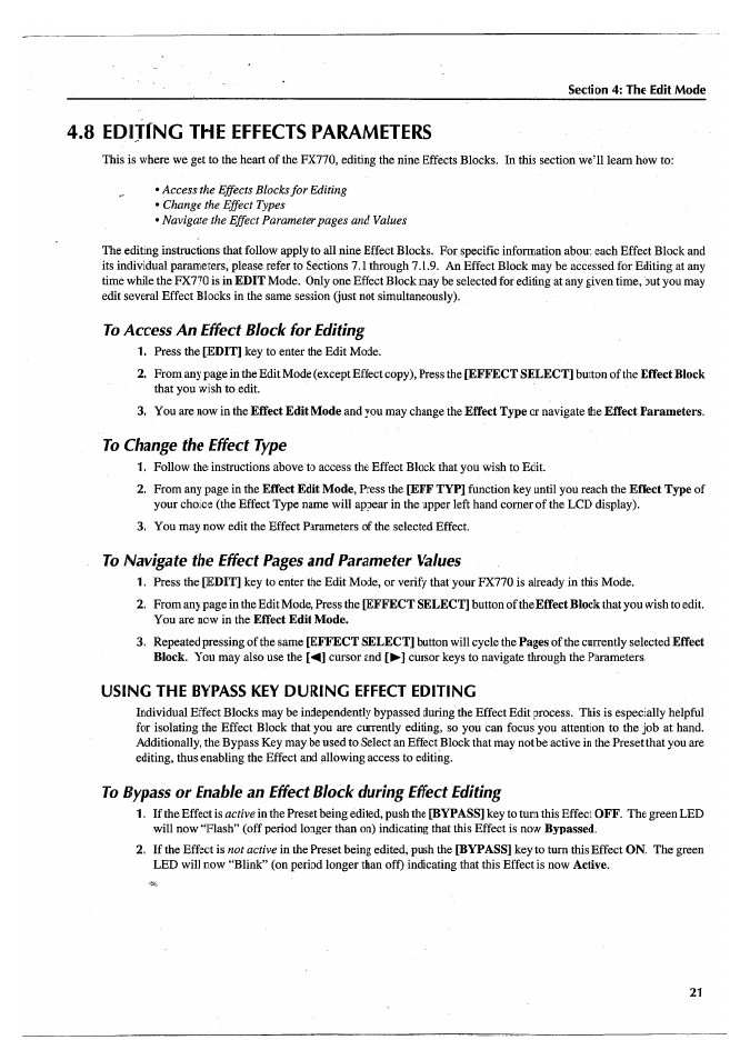 8 editing the effects parameters, To access an effect block for editing, To change the effect type | Using the bypass key during effect editing | Yamaha FX770 User Manual | Page 24 / 231