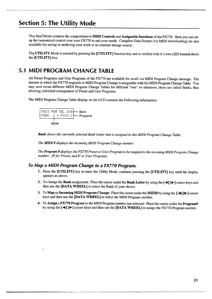 Section 5: the utility mode, 1 midi program change table, To map a midi program change to a fx770 program | Yamaha FX770 User Manual | Page 26 / 231