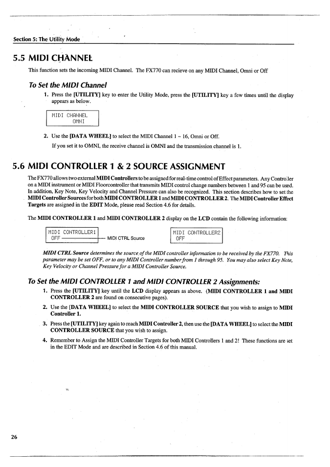 5 midi channel, To set the midi channel, 6 midi controller 1 & 2 source assignment | Yamaha FX770 User Manual | Page 29 / 231