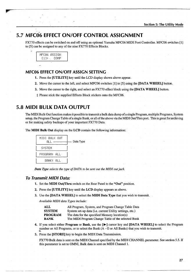 7 mfc06 effect on/off control assignment, Mfc06 effect on/off assign setting, 8 midi bulk data output | To transmit midi data | Yamaha FX770 User Manual | Page 30 / 231