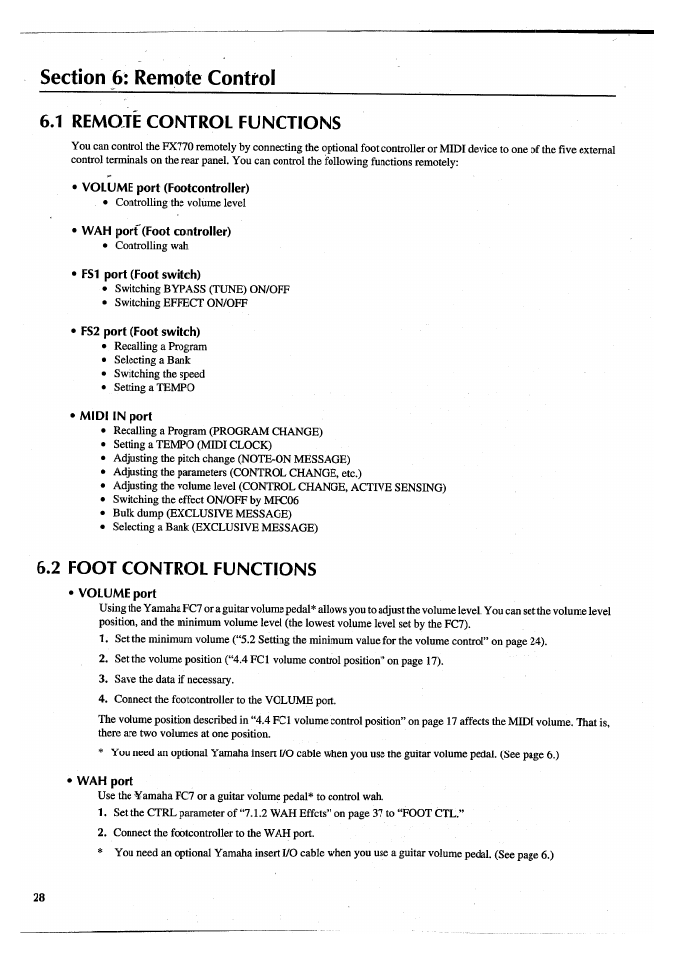 Section 6: remote control, 1 remote coisttrol functions, Volume port (footcontroller) | Wah port (foot controller), Fs1 port (foot switch), Fs2 port (foot switch), Midi in port, 2 foot control functions, Volume port, Wafi port | Yamaha FX770 User Manual | Page 31 / 231