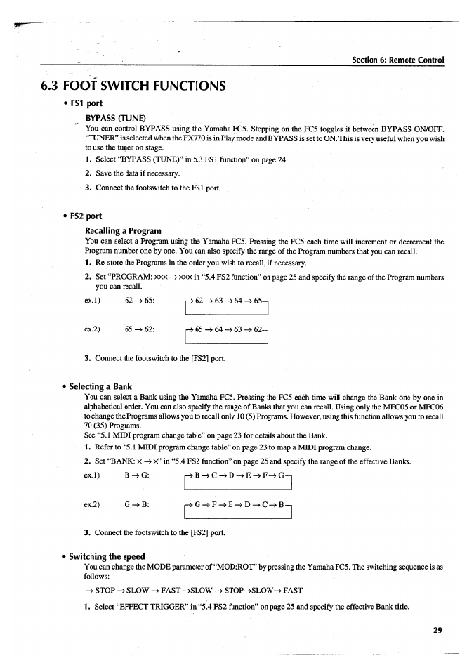 3 foot switch functions, Fs1 port, Bypass (tune) | Fs2 port, Recalling a program, Selecting a bank, Switchung the speed | Yamaha FX770 User Manual | Page 32 / 231