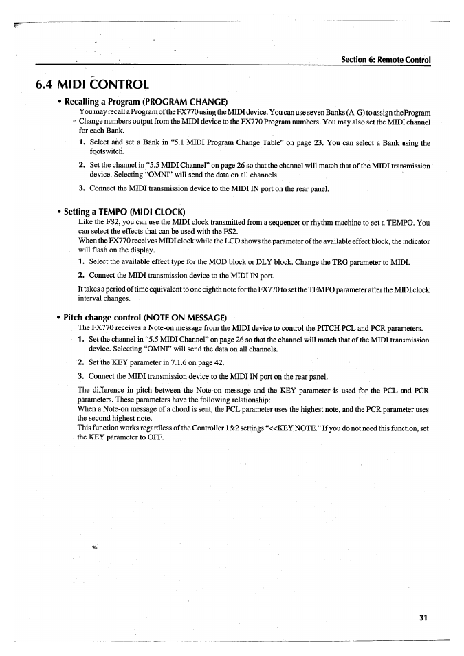 4 midi control, Recalling a program (program change), Setting a tempo (midi clock) | Pitch change control (note on message) | Yamaha FX770 User Manual | Page 34 / 231