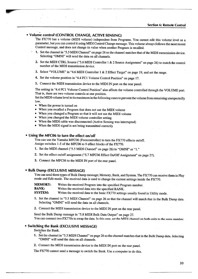 Volume contror(control change, active sensing), Using the mfc06 to turn the effect on/off, Bulk dump (exclusive message) | Switching the bank (exclusive message) | Yamaha FX770 User Manual | Page 36 / 231