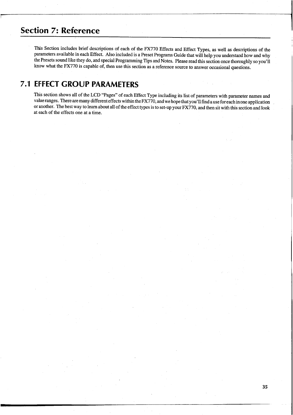 Section 7: reference, 1 effect group parameters | Yamaha FX770 User Manual | Page 38 / 231