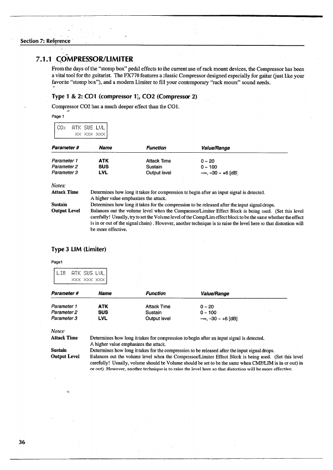 1 compressor/limiter, Type 1 & 2: col (compressor 1), c02 (compressor 2), Type 3 lim (limiter) | Yamaha FX770 User Manual | Page 39 / 231