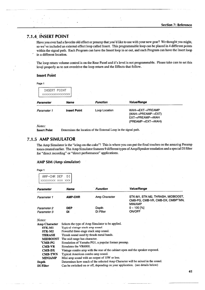 4 insert point, Insert point, 5 amp simulator | Amp sim (amp simulator), 4 insert point 7.1.5 amp simulator | Yamaha FX770 User Manual | Page 44 / 231