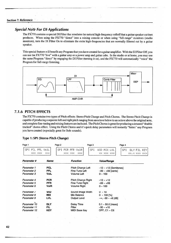 Special note for dfapplications, 6 pitch effects, Type 1: spi (stereo pitch change) | Yamaha FX770 User Manual | Page 45 / 231