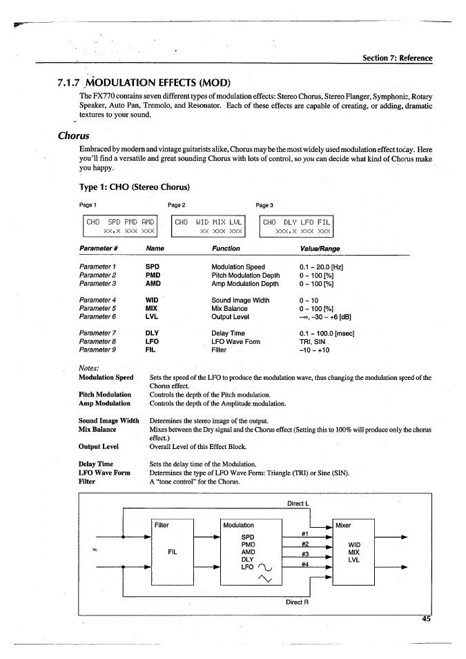 7 modulation effects (mod), Chorus, Type 1 : cho (stereo chorus) | Yamaha FX770 User Manual | Page 48 / 231