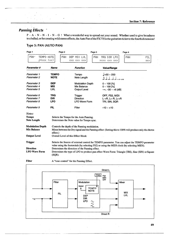 Panning effects, Type 5: pan (auto pan), Type | Yamaha FX770 User Manual | Page 52 / 231