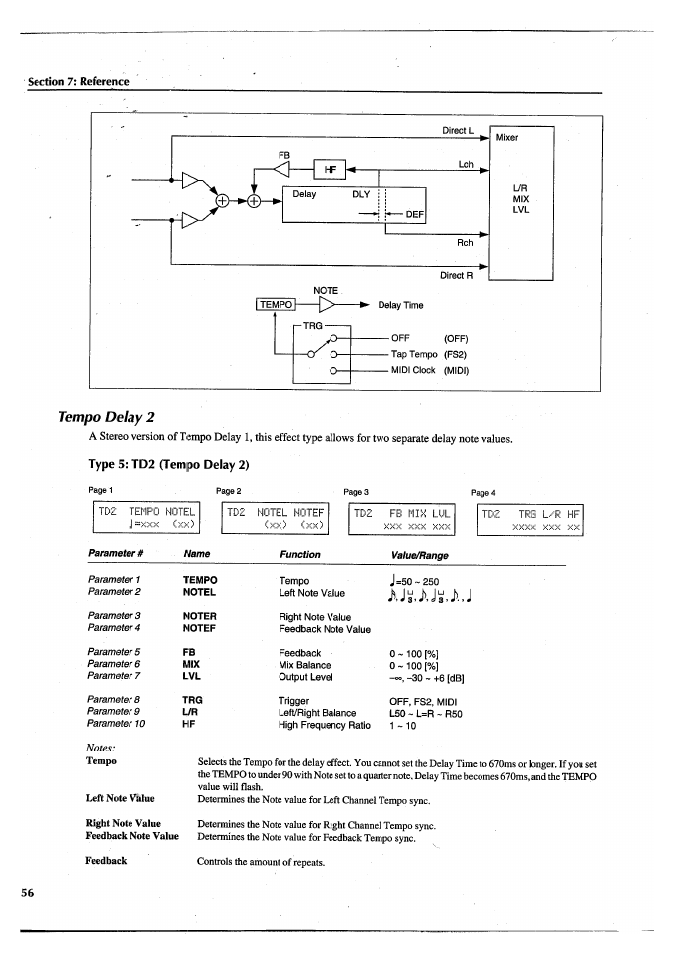 Tempo delay 2, Parameter, Name function value/range | Yamaha FX770 User Manual | Page 59 / 231