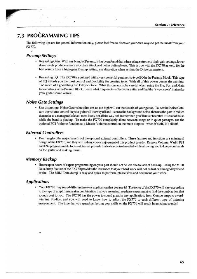 3 programming tips, Preamp settings, Noise gate settings | External controllers, Memory backup, Applications | Yamaha FX770 User Manual | Page 68 / 231